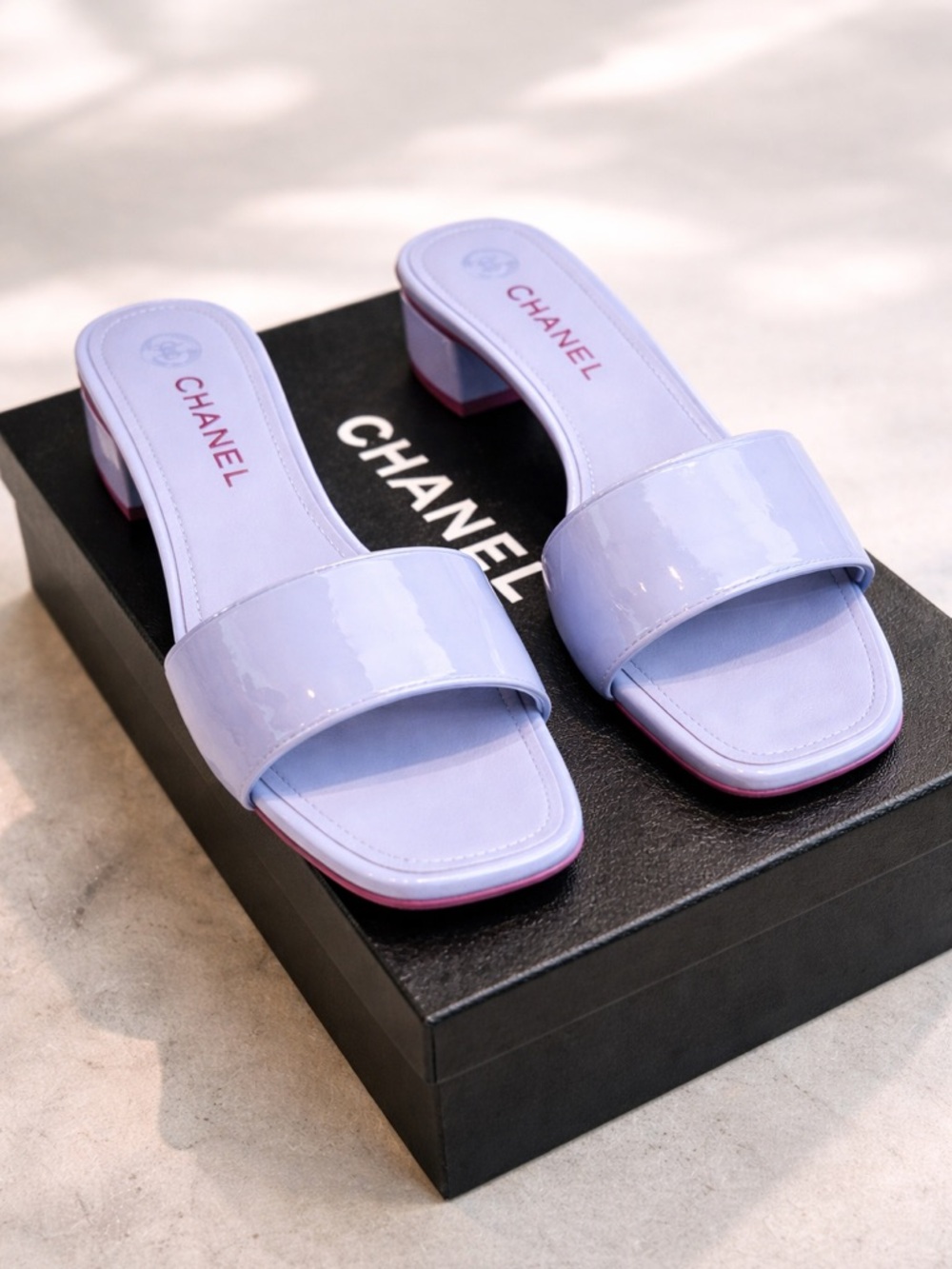 CHANEL Lavender Patent CC Block kitten Heels